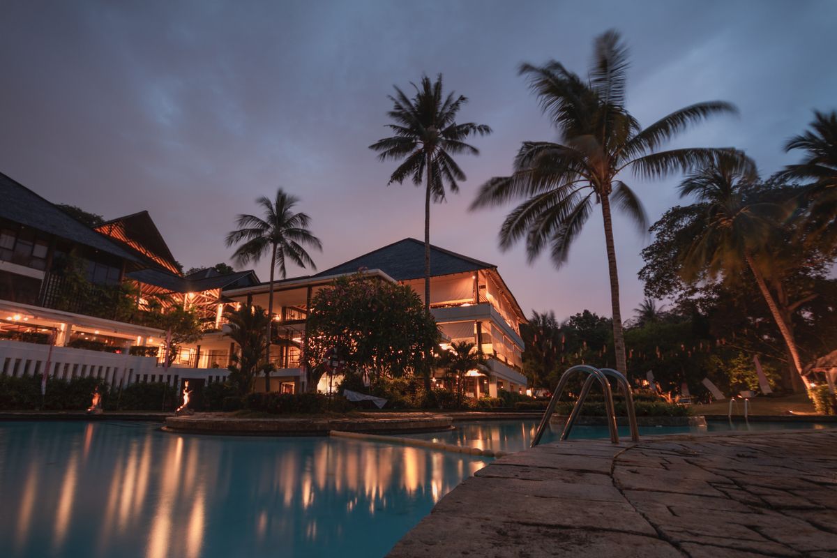 A resort pool at evening
